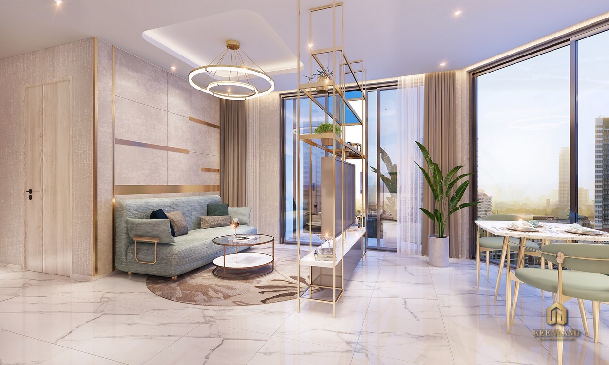 Phòng khách nhà mẫu Thảo Điền Green căn 1PN