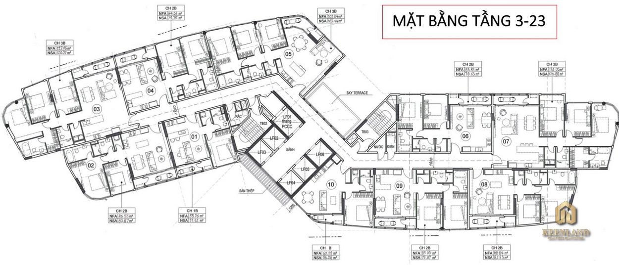 Mặt bằng tầng 3-23 dự án Thảo Điền Green Towers