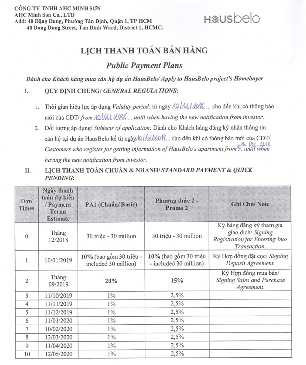 PTTT Trang 1 dự án Hausbelo quận 9