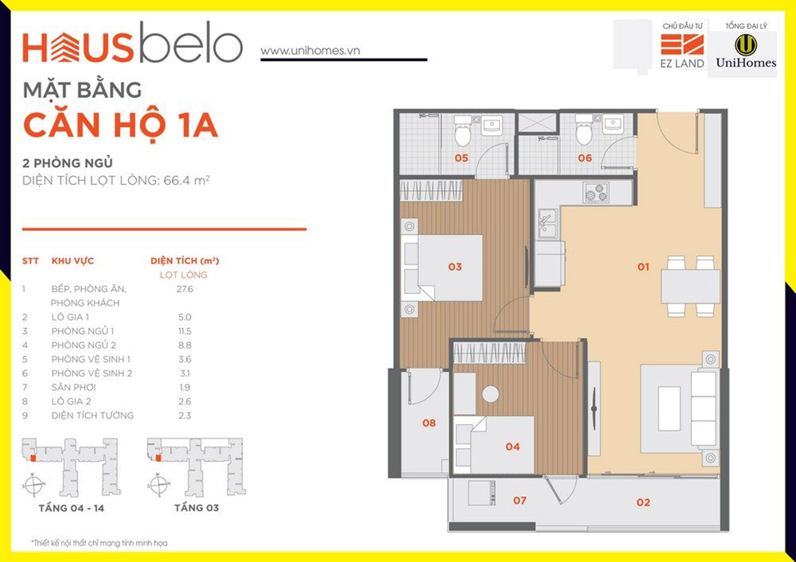 Thiết kế căn hộ 1A dự án Hausbelo quận 9