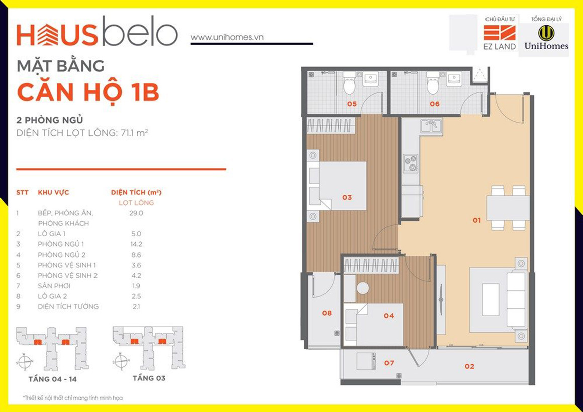 Thiết kế căn hộ 1B dự án Hausbelo quận 9