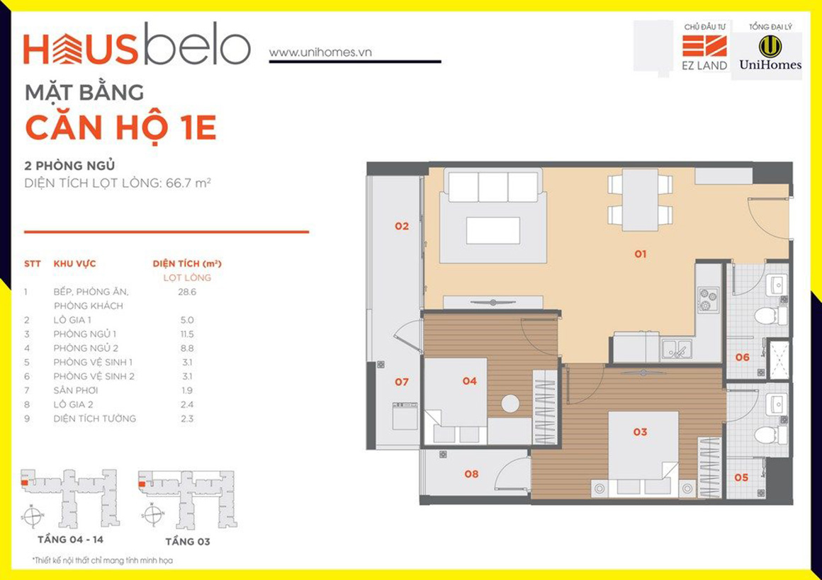 Thiết kế căn hộ 1E dự án Hausbelo quận 9