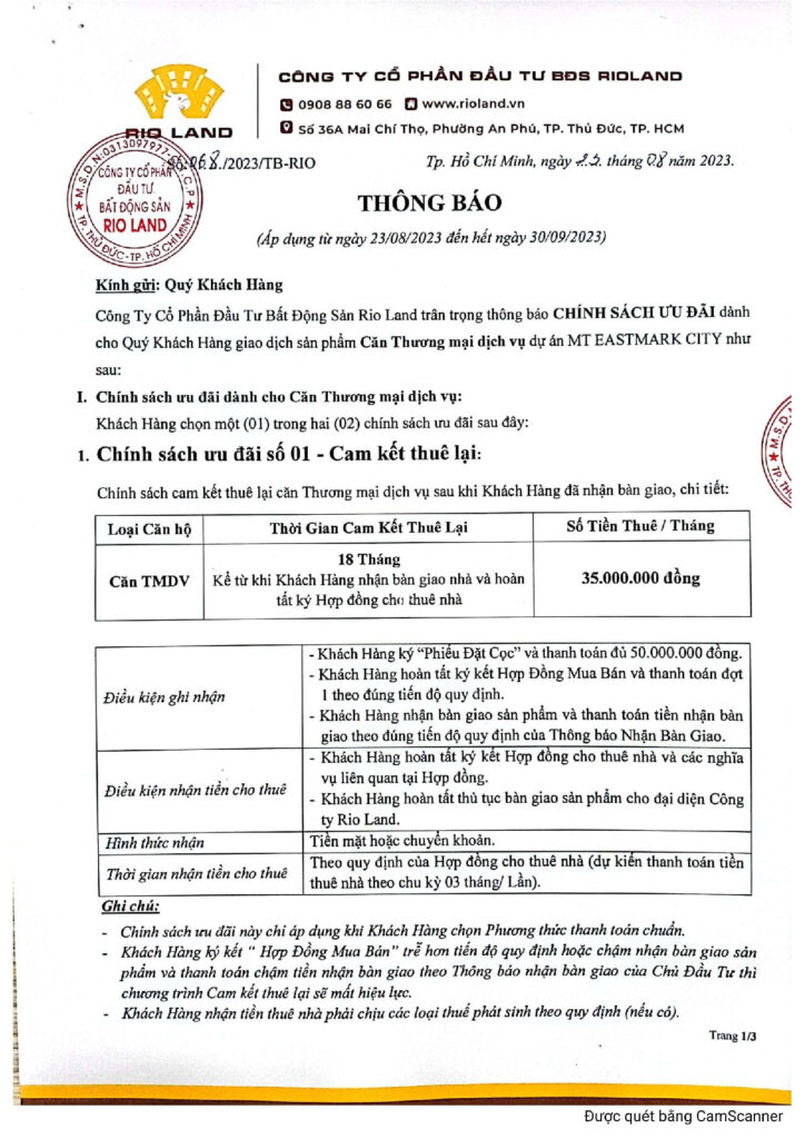 Tờ 1: Chính sách thanh toán và ưu đãi mua Shophouse MT Eastmark City Tháp Hybrid